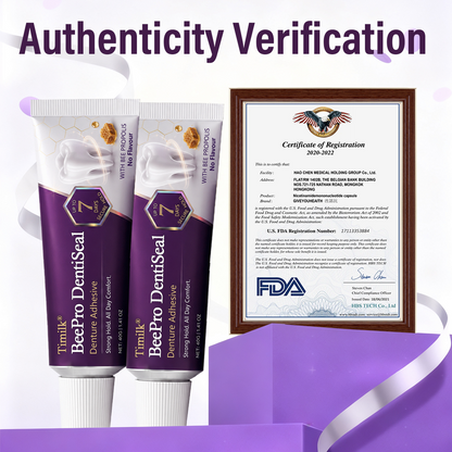 Timilk® BeePro DentiSeal Denture Adhesive🦷🐝💜 FDA Certified (Clinically Proven 96-Hour Lock Hold with Bee Propolis Gum Comfort for Secure, Comfortable & Zinc-Free Denture Fit)