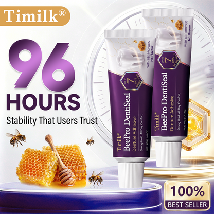 Timilk® BeePro DentiSeal Denture Adhesive🦷🐝💜 FDA Certified (Clinically Proven 96-Hour Lock Hold with Bee Propolis Gum Comfort for Secure, Comfortable & Zinc-Free Denture Fit)